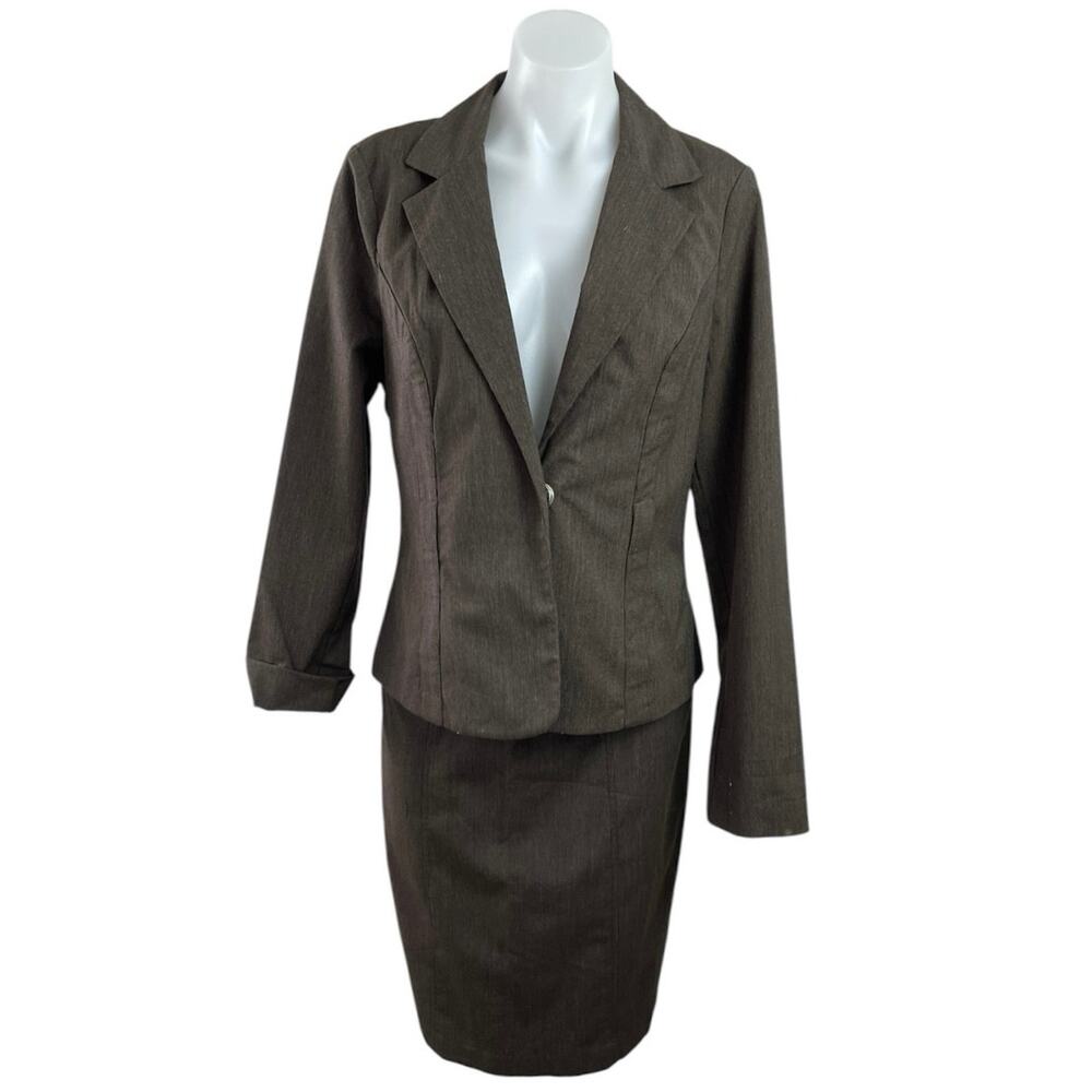 BCX Brown Long Sleeve Notch Lapel Blazer Coat Jacket Pencil Skirt Suit Set Sz L